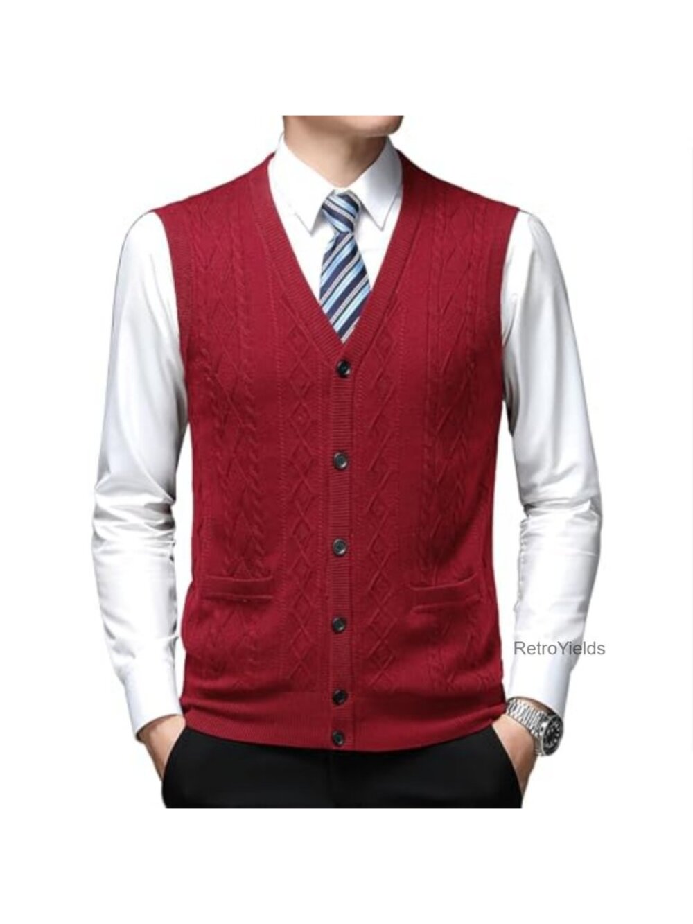 Men's Wool Blend V-Neck Sleeveless Sweater Vest Button Front Knit Cardigan with